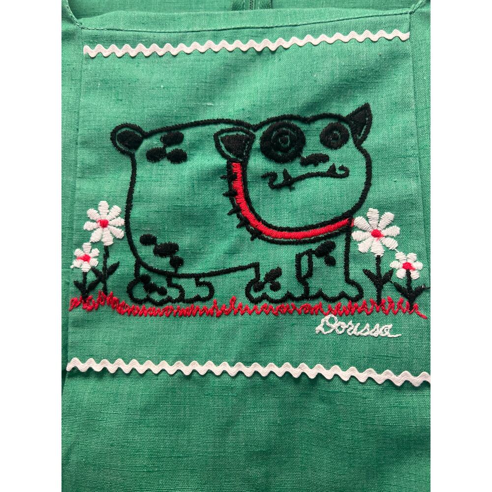 Vintage Dorissa Girls Puff Sleeve Dog‎ Embroidery Ric-Rac Trim Dress 6X Green - Picture 2 of 4